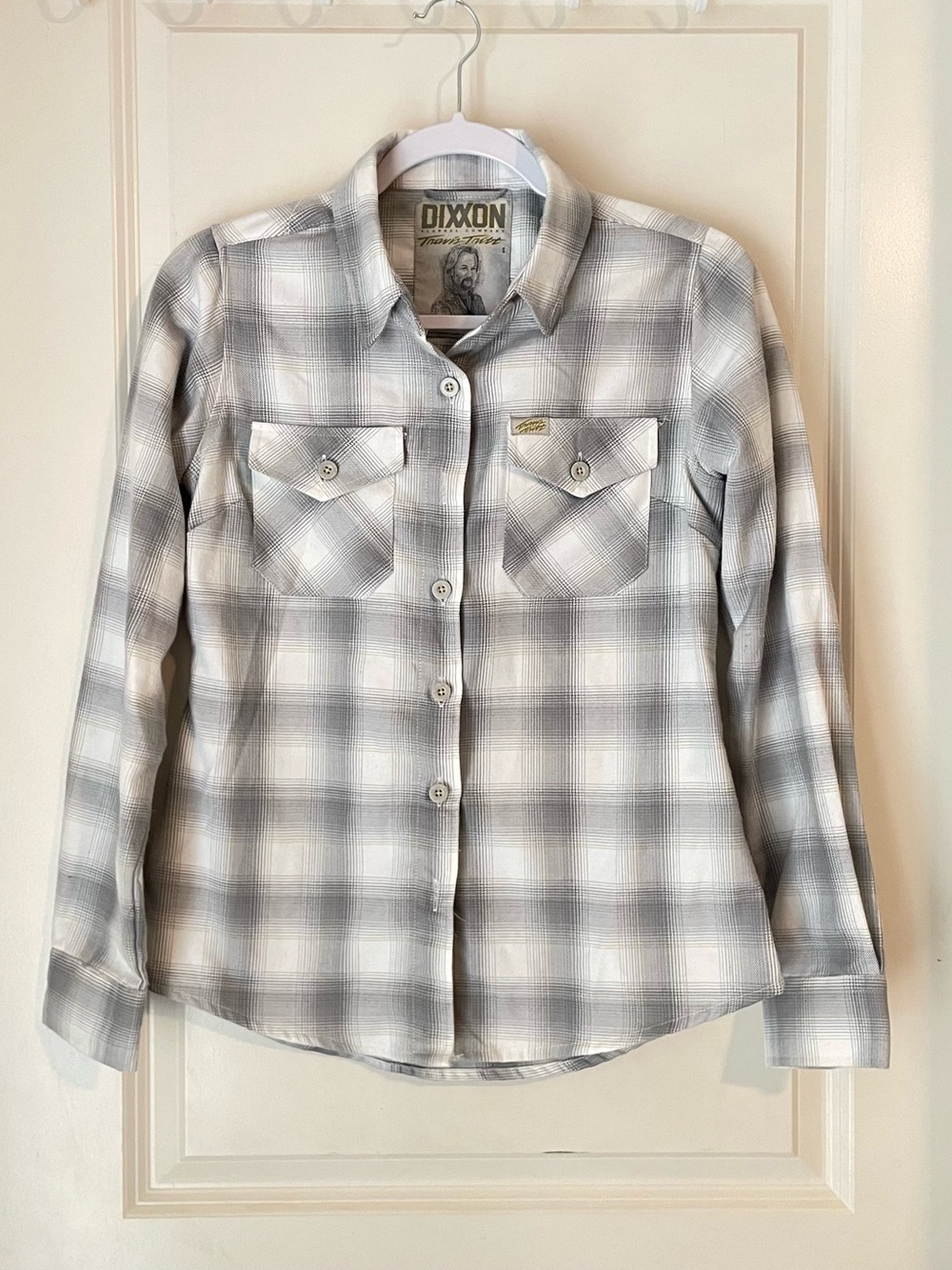 New Dixxon Travis Tritt Flannel Button-Up Shirt Gray White Plaid Sz S Women’s
